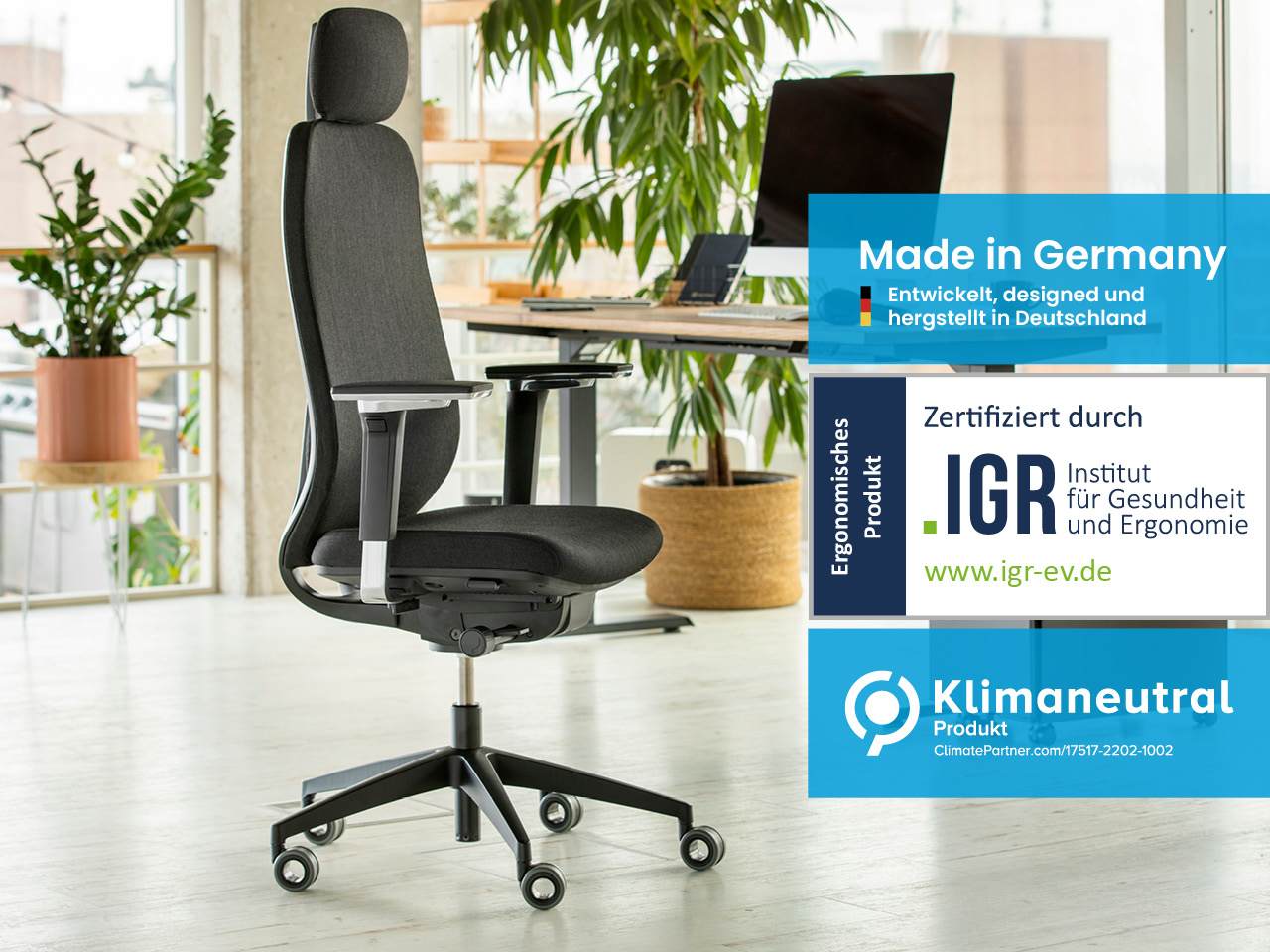 Gesunder Bürostuhl schwarz mit Made in Germany IGR und Klimaneutral Siegel