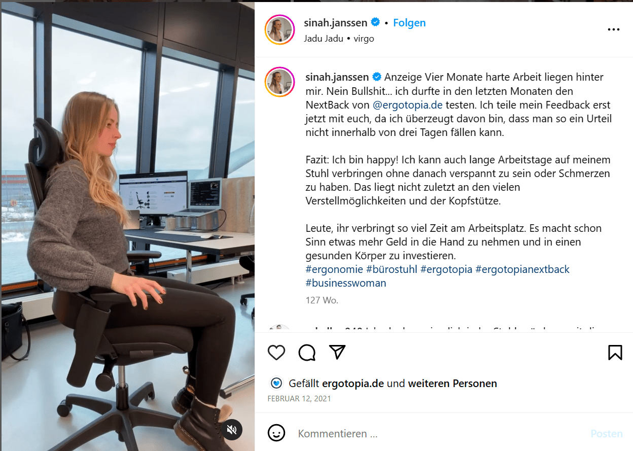 Ergotopia Bürostuhl Test - Instagram Post: Sinah Janssen testet den Ergotopia NextBack